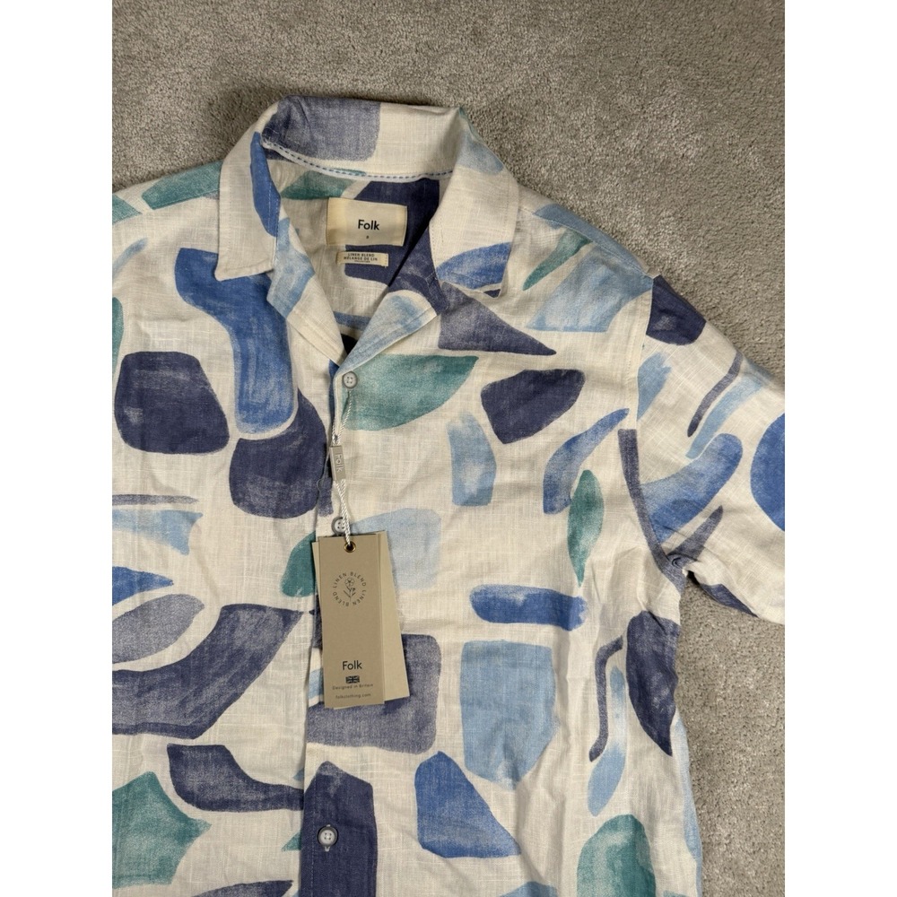 Folk‎ Short Sleeve Linen-Blend Shirt White Blue Teal Abstract Print Men's S New